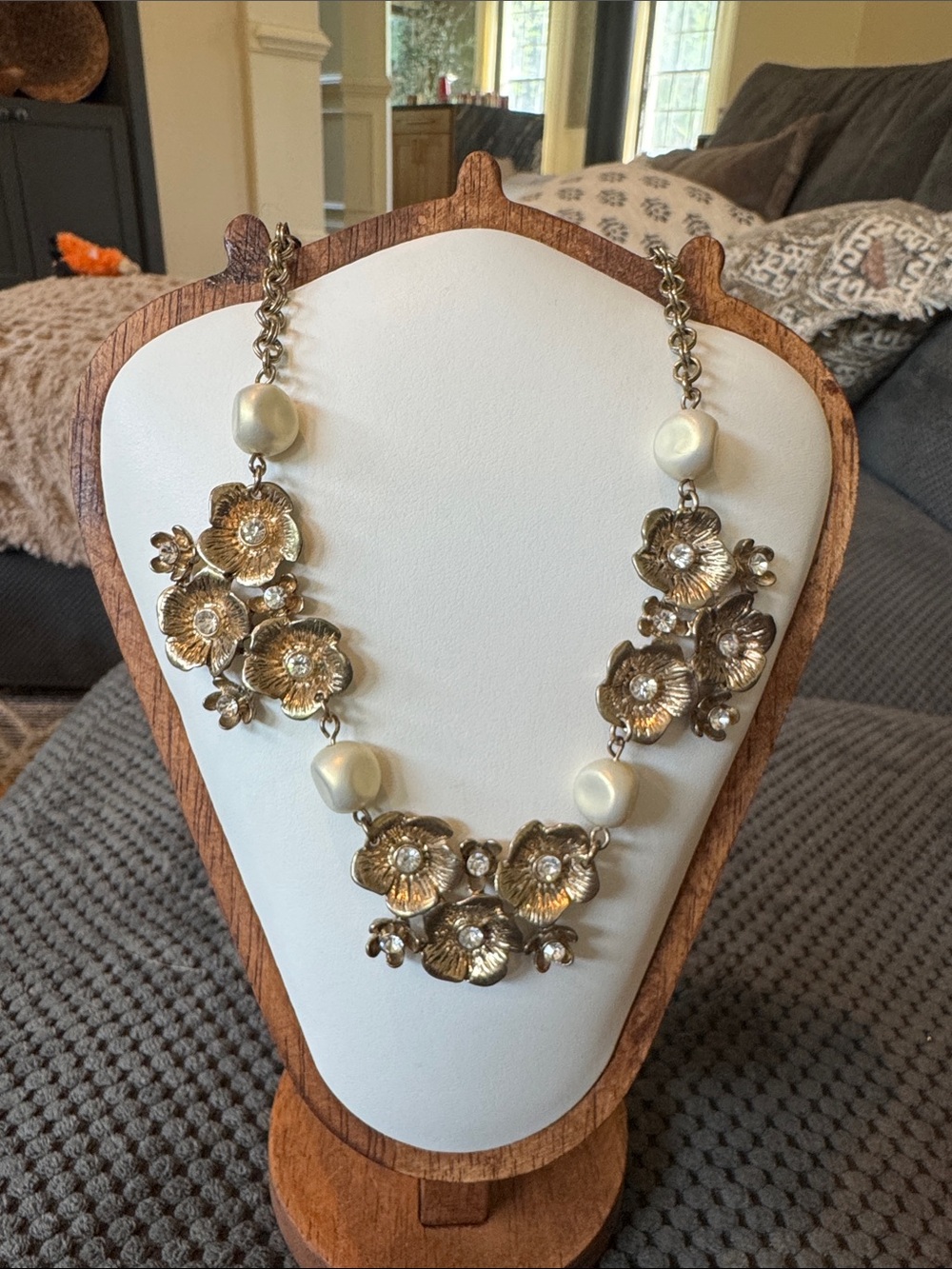 Gold Floral Statement Necklace with Pearlescent Accents